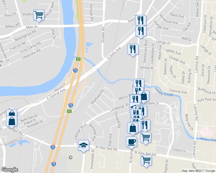 map of restaurants, bars, coffee shops, grocery stores, and more near 3234 Sheffield Road in Dayton