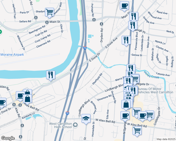 map of restaurants, bars, coffee shops, grocery stores, and more near 3039 Exeter Road in West Carrollton