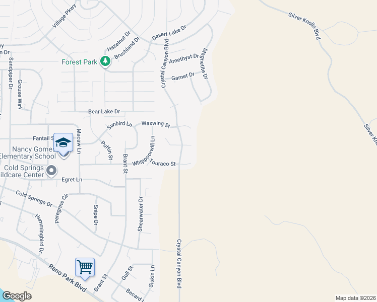 map of restaurants, bars, coffee shops, grocery stores, and more near 17110 East Opal Court in Reno