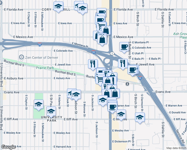 map of restaurants, bars, coffee shops, grocery stores, and more near 3755 East Jewell Avenue in Denver