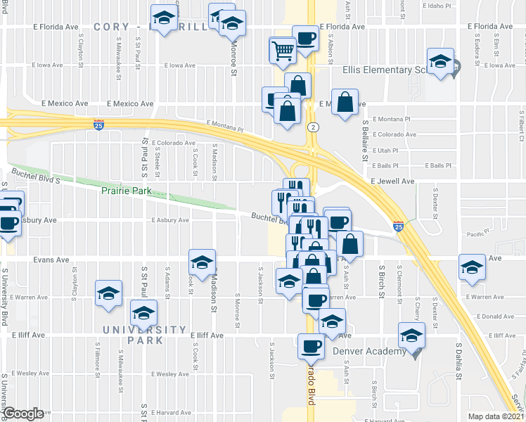 map of restaurants, bars, coffee shops, grocery stores, and more near 3725 East Buchtel Boulevard in Denver