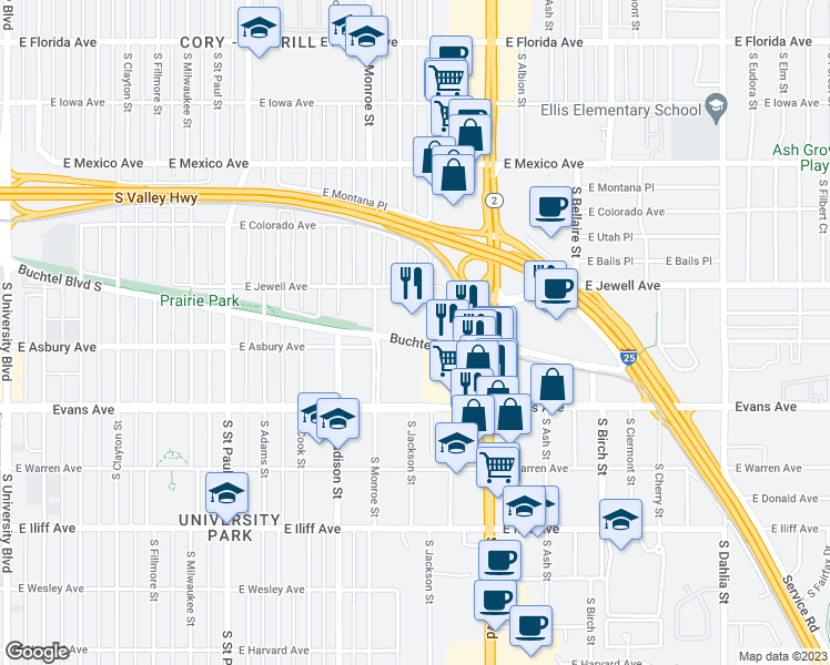 map of restaurants, bars, coffee shops, grocery stores, and more near 3755 East Jewell Avenue in Denver