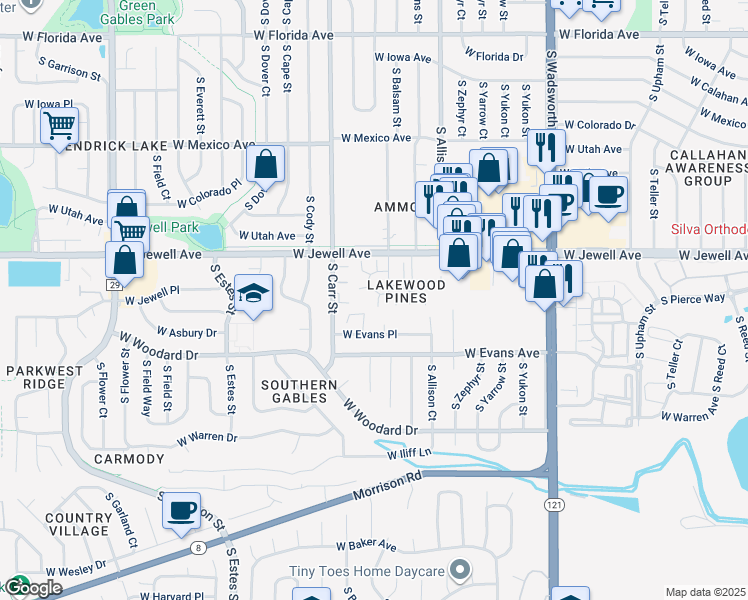 map of restaurants, bars, coffee shops, grocery stores, and more near 2055 South Balsam Street in Lakewood