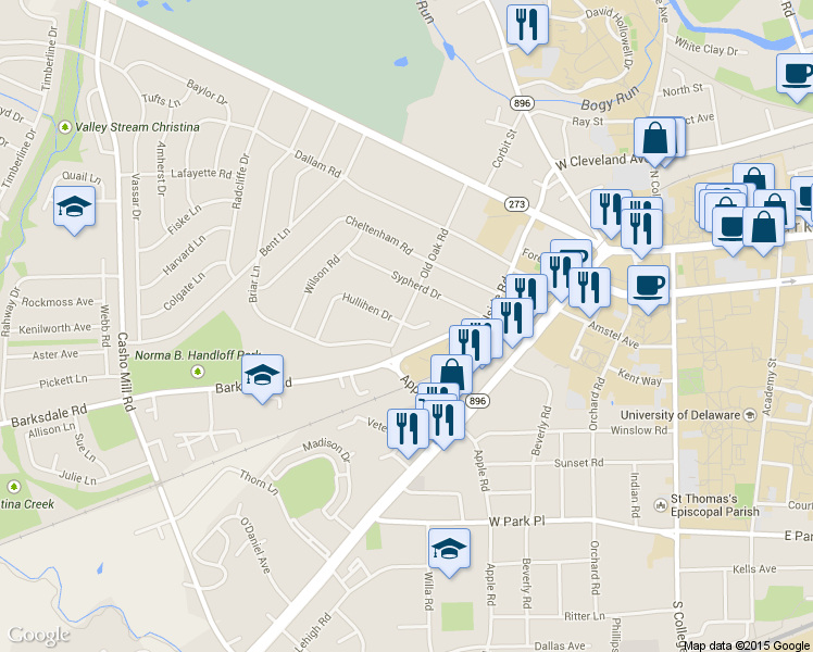 map of restaurants, bars, coffee shops, grocery stores, and more near 122 Hullihen Court in Newark