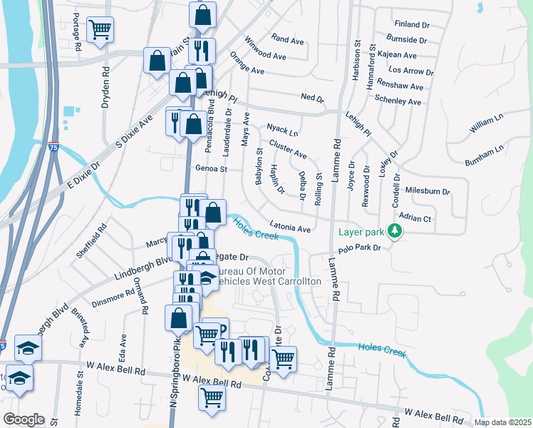 map of restaurants, bars, coffee shops, grocery stores, and more near 2771 Latonia Avenue in Dayton