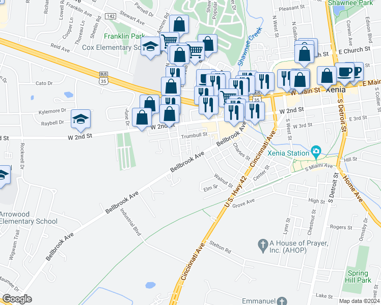 map of restaurants, bars, coffee shops, grocery stores, and more near 430 Bellbrook Avenue in Xenia