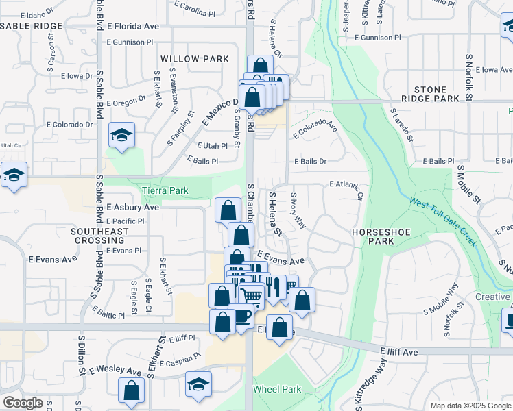 map of restaurants, bars, coffee shops, grocery stores, and more near 1979 South Hannibal Street in Aurora