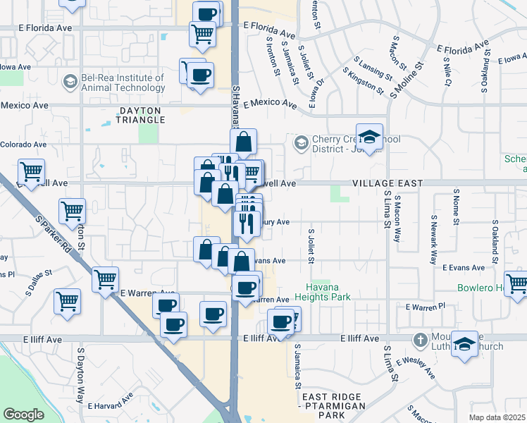 map of restaurants, bars, coffee shops, grocery stores, and more near 10701 East Asbury Avenue in Aurora