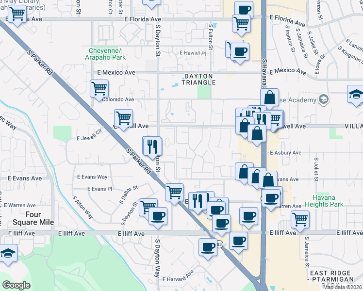 map of restaurants, bars, coffee shops, grocery stores, and more near 9901 East Evans Avenue in Aurora