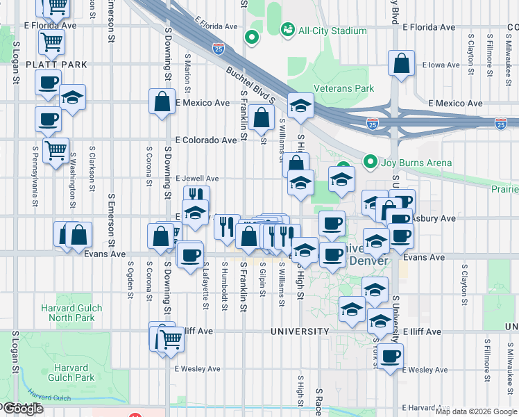 map of restaurants, bars, coffee shops, grocery stores, and more near 1960 South Franklin Street in Denver