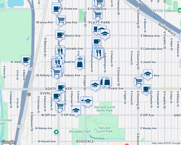 map of restaurants, bars, coffee shops, grocery stores, and more near 1961 South Pennsylvania Street in Denver