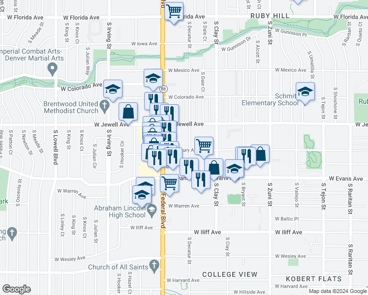 map of restaurants, bars, coffee shops, grocery stores, and more near 1970 South Decatur Street in Denver