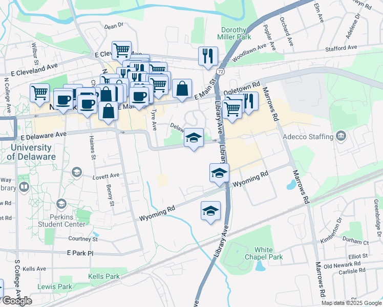 map of restaurants, bars, coffee shops, grocery stores, and more near 750 East Delaware Avenue in Newark