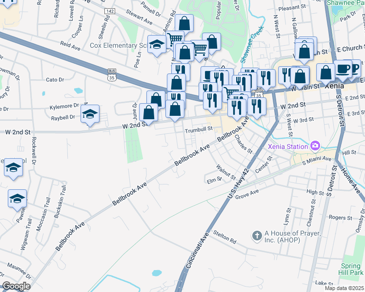 map of restaurants, bars, coffee shops, grocery stores, and more near 254 South Allison Avenue in Xenia