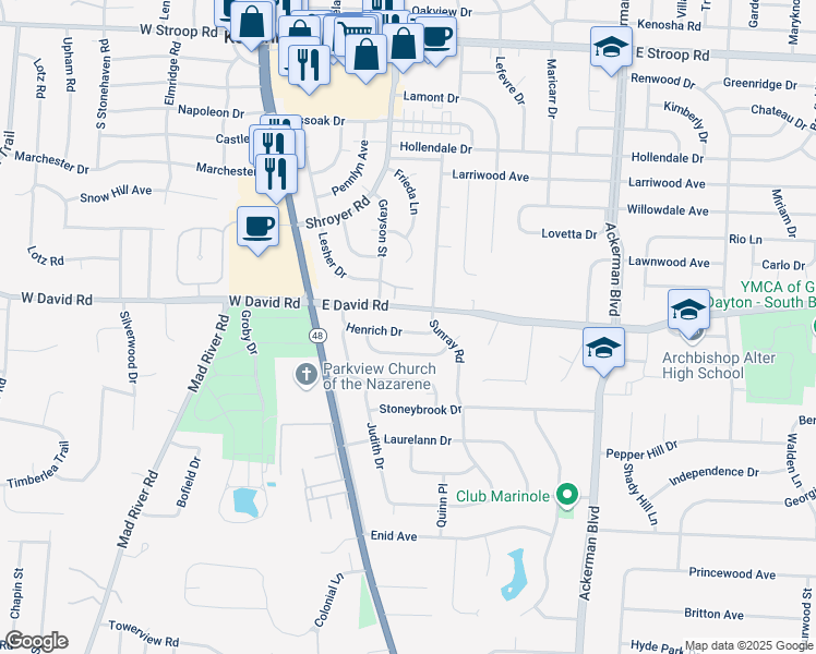 map of restaurants, bars, coffee shops, grocery stores, and more near 409 Henrich Drive in Dayton