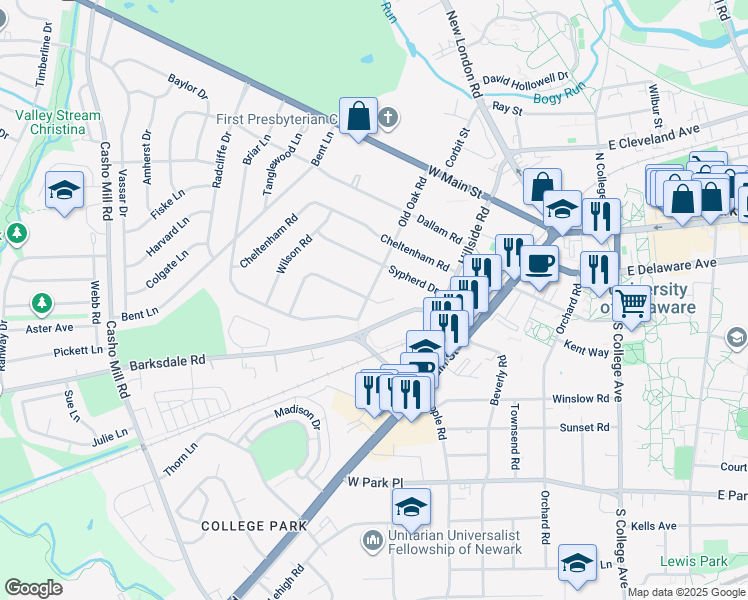 map of restaurants, bars, coffee shops, grocery stores, and more near 122 Hullihen Court in Newark