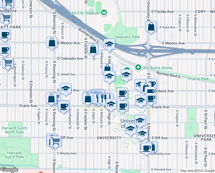map of restaurants, bars, coffee shops, grocery stores, and more near 1975 South High Street in Denver