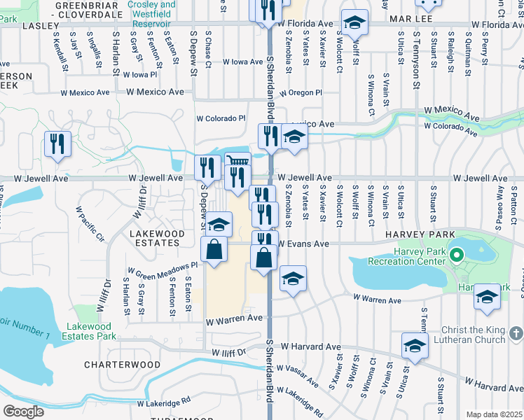 map of restaurants, bars, coffee shops, grocery stores, and more near 1965 South Sheridan Boulevard in Denver
