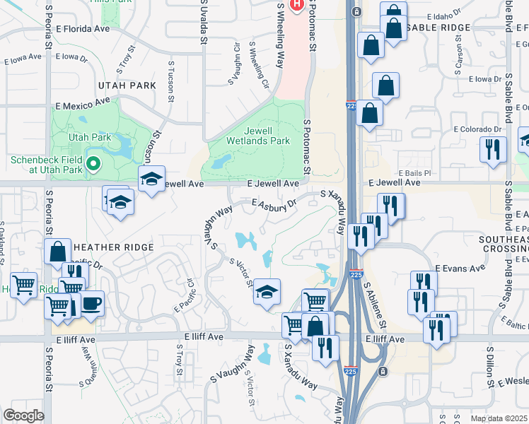 map of restaurants, bars, coffee shops, grocery stores, and more near 13308 East Asbury Drive in Aurora