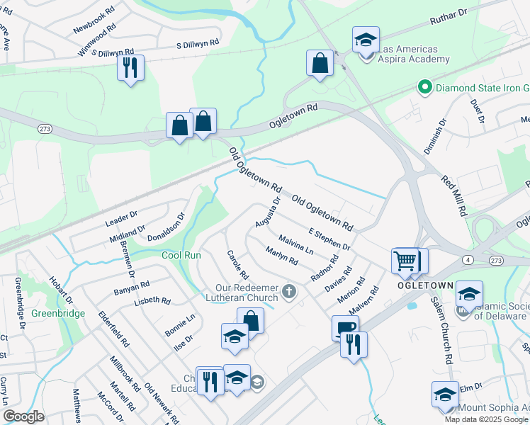 map of restaurants, bars, coffee shops, grocery stores, and more near 6 Augusta Drive in Newark