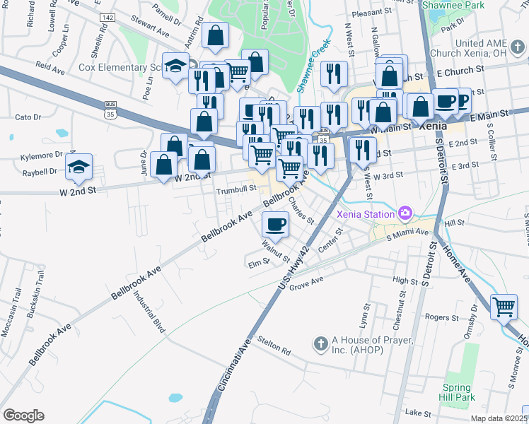 map of restaurants, bars, coffee shops, grocery stores, and more near 305-325 Bellbrook Avenue in Xenia