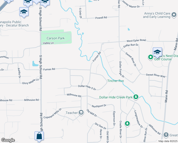 map of restaurants, bars, coffee shops, grocery stores, and more near 5716 Furnas Road in Indianapolis