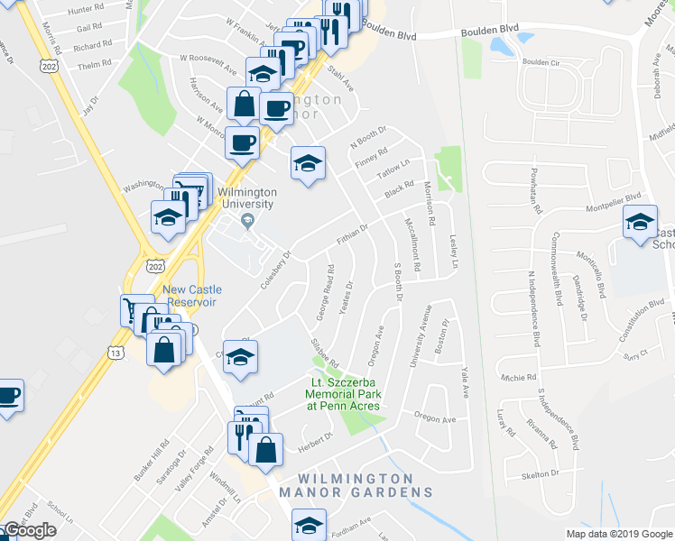 map of restaurants, bars, coffee shops, grocery stores, and more near 7 George Read Road in New Castle