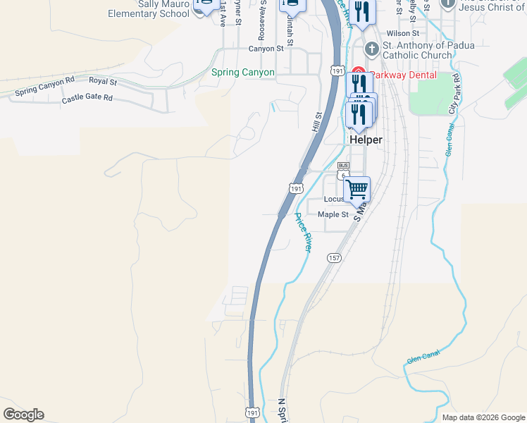 map of restaurants, bars, coffee shops, grocery stores, and more near 420 South Oberto Lane in Helper