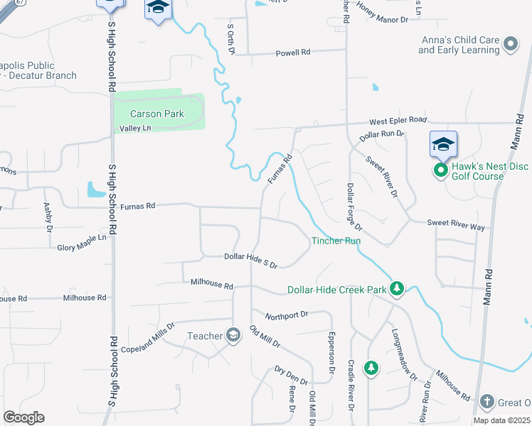 map of restaurants, bars, coffee shops, grocery stores, and more near 5716 Furnas Road in Indianapolis