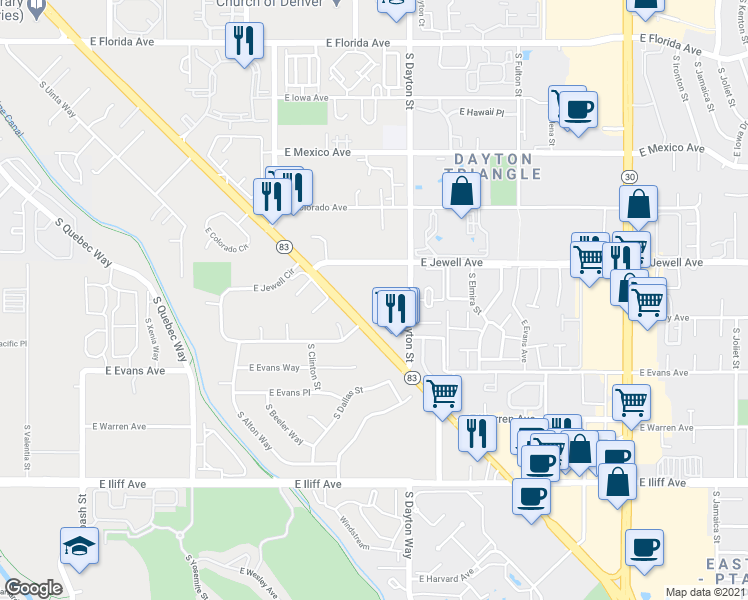 map of restaurants, bars, coffee shops, grocery stores, and more near 9560 East Jewell Avenue in Denver