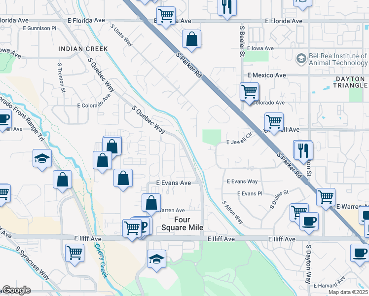 map of restaurants, bars, coffee shops, grocery stores, and more near 1939 South Quebec Way in Denver