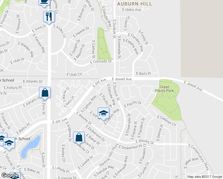 map of restaurants, bars, coffee shops, grocery stores, and more near 2046 South Danube Way in Aurora