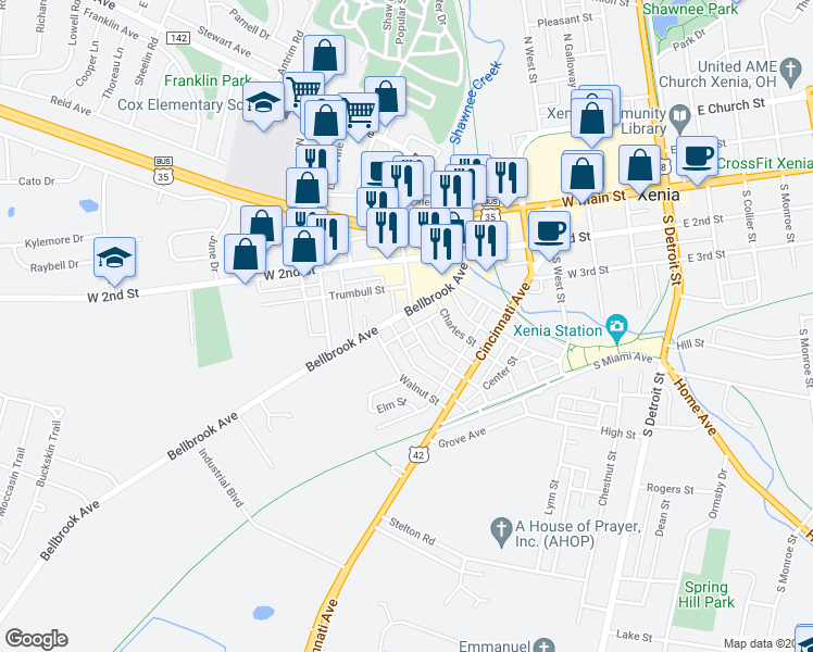 map of restaurants, bars, coffee shops, grocery stores, and more near 305 Bellbrook Avenue in Xenia
