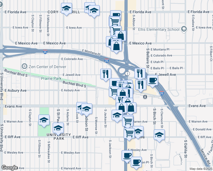 map of restaurants, bars, coffee shops, grocery stores, and more near 3755 East Jewell Avenue in Denver