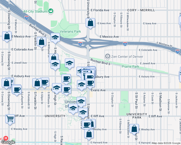 map of restaurants, bars, coffee shops, grocery stores, and more near 1919 South University Boulevard in Denver