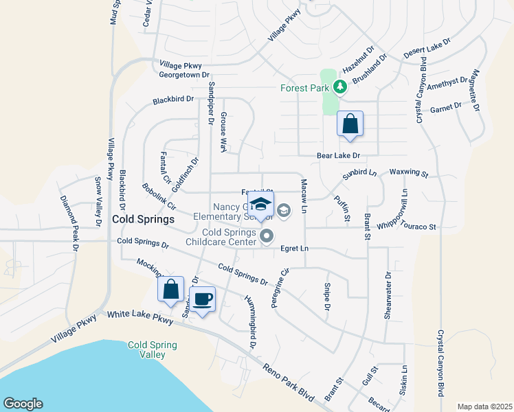 map of restaurants, bars, coffee shops, grocery stores, and more near 17570 Fantail Street in Reno