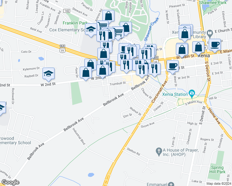 map of restaurants, bars, coffee shops, grocery stores, and more near 396 Bellbrook Avenue in Xenia