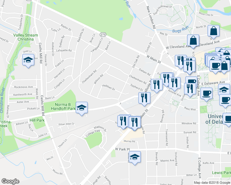 map of restaurants, bars, coffee shops, grocery stores, and more near 202 Hullihen Drive in Newark