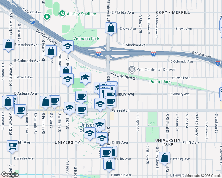 map of restaurants, bars, coffee shops, grocery stores, and more near 1919 South University Boulevard in Denver