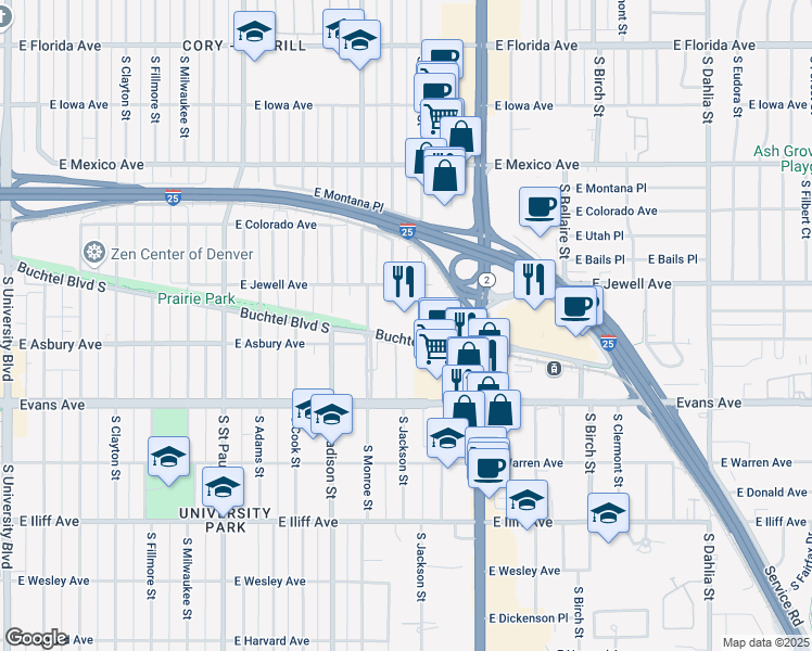 map of restaurants, bars, coffee shops, grocery stores, and more near 3725 East Buchtel Boulevard in Denver