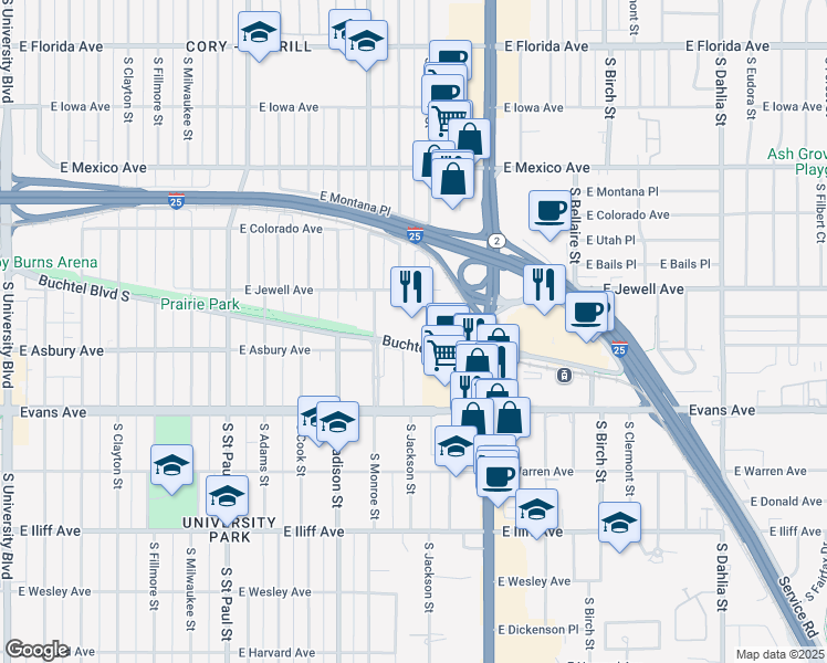 map of restaurants, bars, coffee shops, grocery stores, and more near East Buchtel Boulevard in Denver