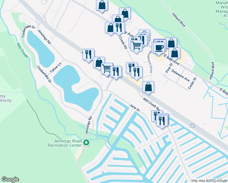 map of restaurants, bars, coffee shops, grocery stores, and more near 756 Jane Drive in Stafford Township
