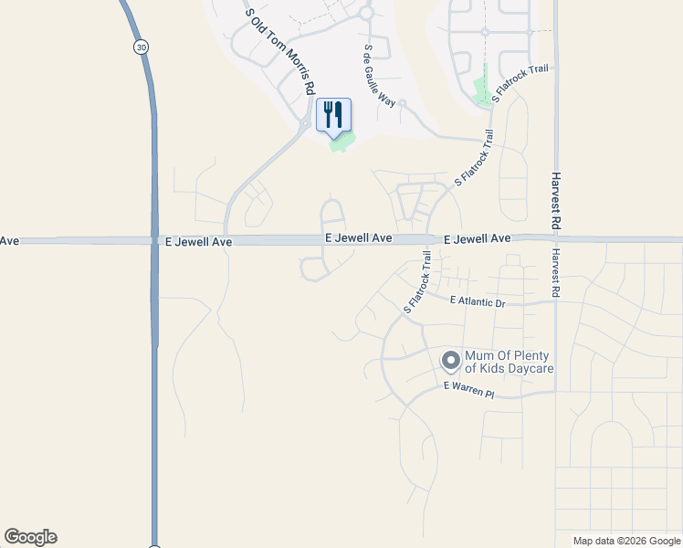 map of restaurants, bars, coffee shops, grocery stores, and more near 24560-24836 East Jewell Avenue in Aurora