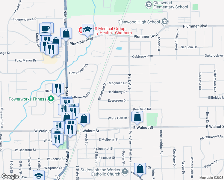 map of restaurants, bars, coffee shops, grocery stores, and more near 601-799 Hackberry Rd in Chatham