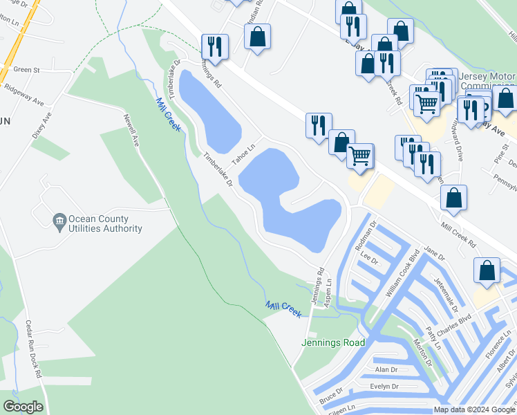 map of restaurants, bars, coffee shops, grocery stores, and more near 177 Timberlake Drive in Stafford Township