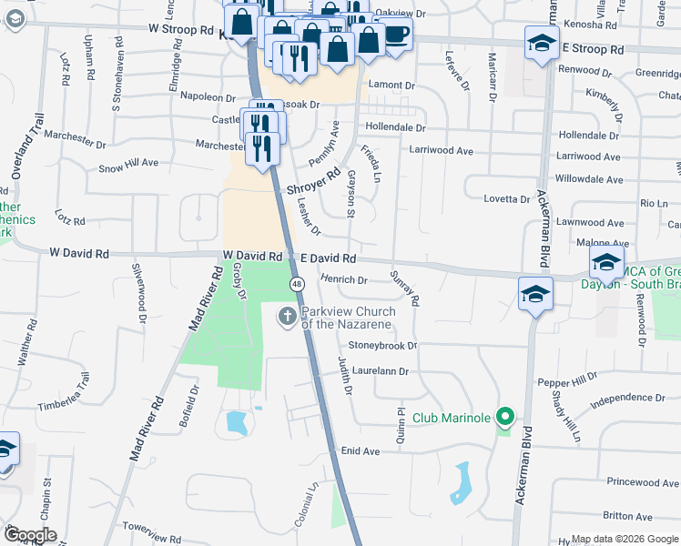 map of restaurants, bars, coffee shops, grocery stores, and more near 204 East David Road in Dayton