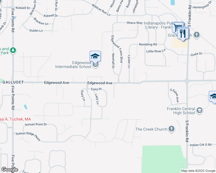 map of restaurants, bars, coffee shops, grocery stores, and more near 7731 East Edgewood Avenue in Indianapolis