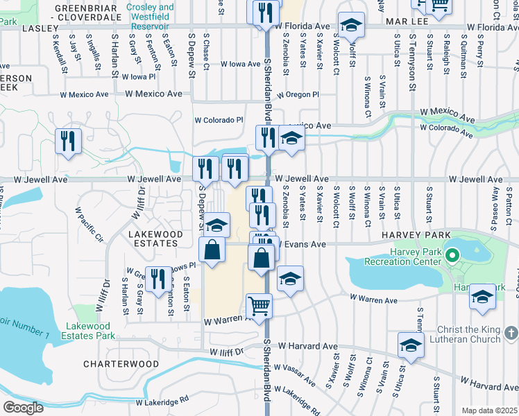 map of restaurants, bars, coffee shops, grocery stores, and more near 1965 South Sheridan Boulevard in Denver