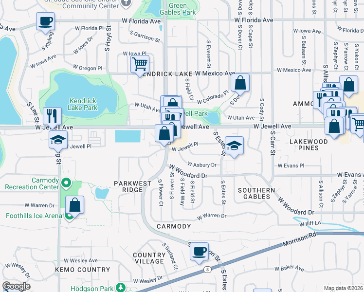 map of restaurants, bars, coffee shops, grocery stores, and more near 9061 West Jewell Place in Lakewood