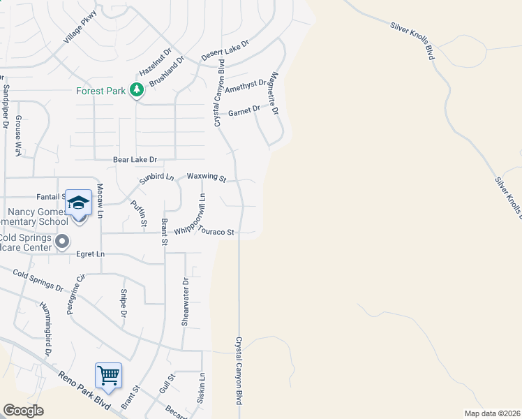 map of restaurants, bars, coffee shops, grocery stores, and more near 17110 East Opal Court in Reno